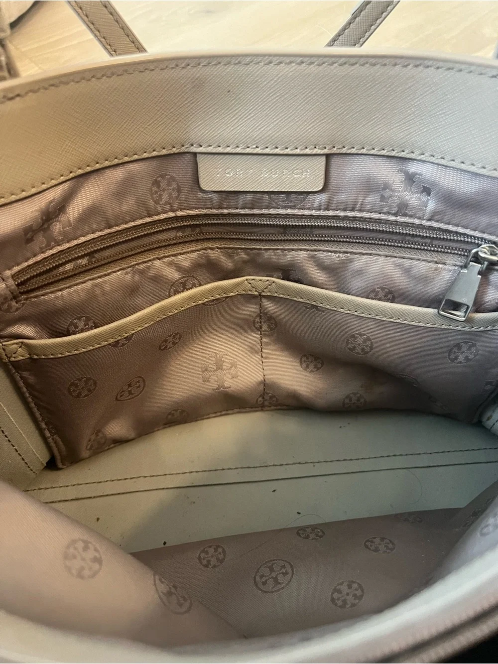 Tory Burch Neutral Taupe Leather Double-Strap Tote